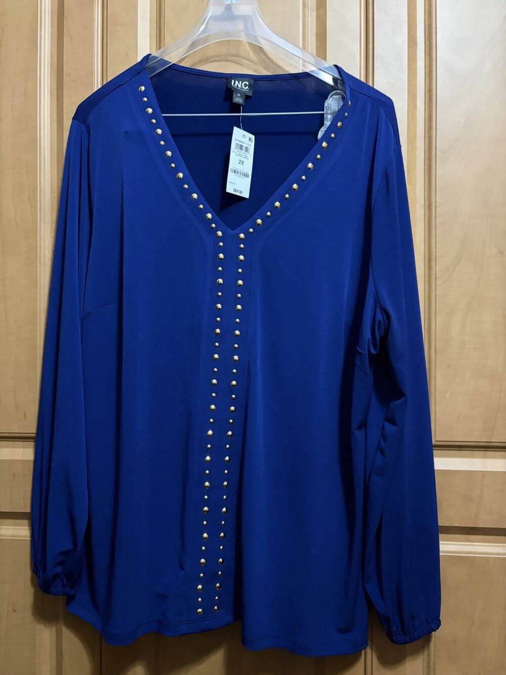 INC International Concepts Blue Blouse with Gold Stud Embellishments Size 2X